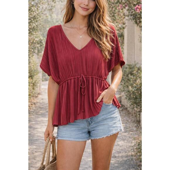 Ingrid & Isabel Tops - Ingrid & Isabel Blouse Red Boho Cinched Waist Top Flowy V Neck Women’s Large